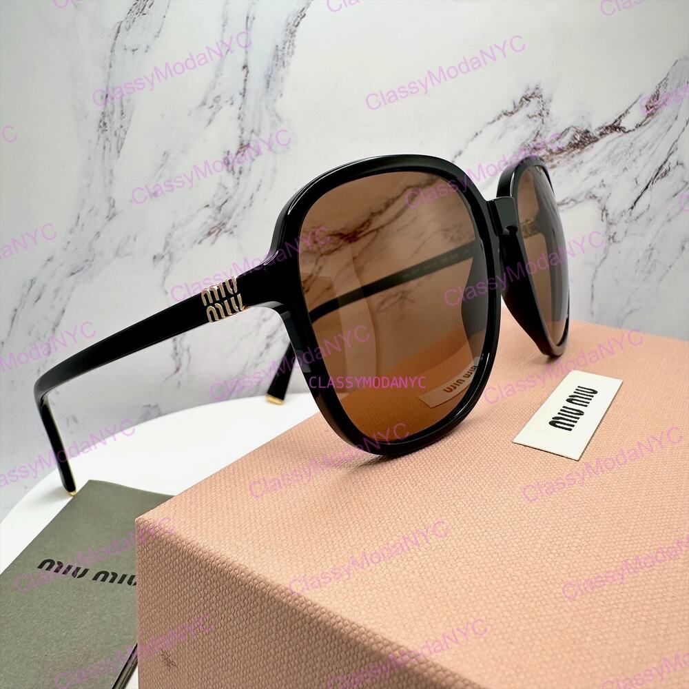 New MIU MIU Sunglasses MU B01S 16K90Q Black Brown Lens Oversized Pillow Square